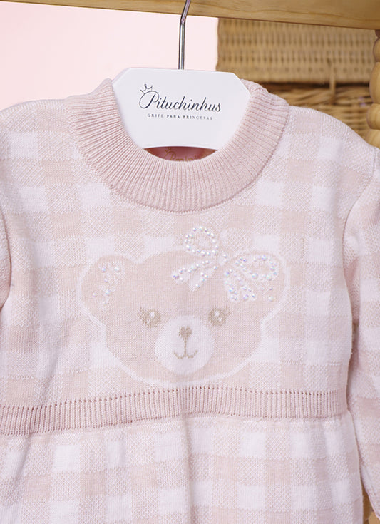 Vestido Tricot Xadrez Rosto Ursinha Cristal Pmini Vestido Tricot Xadrez Rosto Ursinha Cristal Pmini