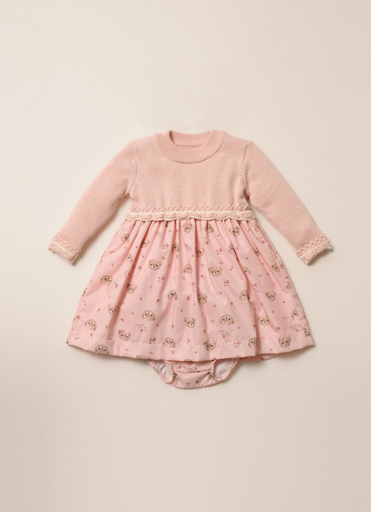 Vestido Tricot Com Saia Algodão Estampa Ursinhas Com Calcinhas Vestido Tricot Com Saia Algodão Estampa Ursinhas Com Calcinhas