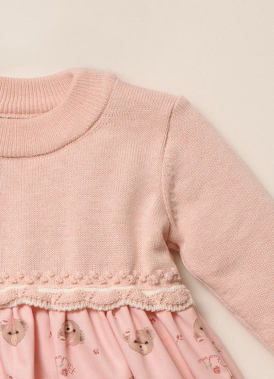 Vestido Tricot Com Saia Algodão Estampa Ursinhas Com Calcinhas Vestido Tricot Com Saia Algodão Estampa Ursinhas Com Calcinhas