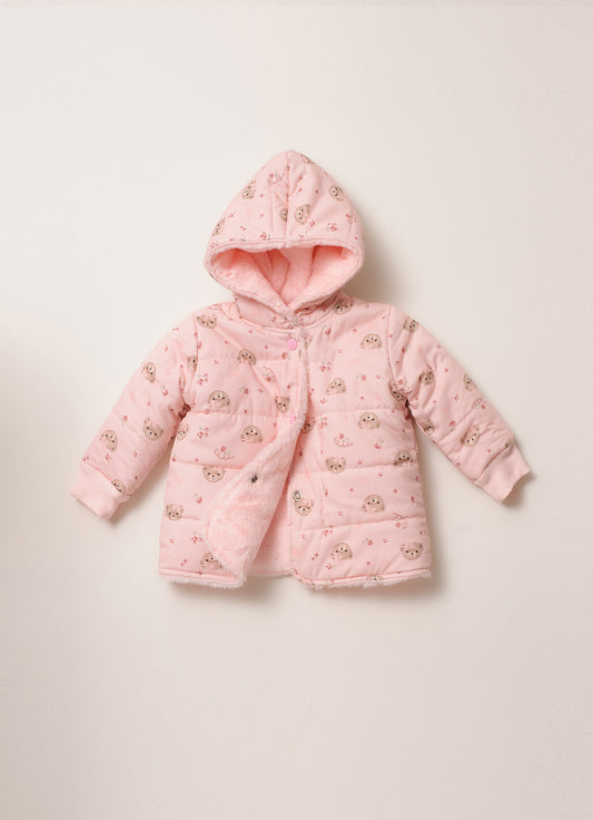 Casaco Puffer Algodão Estampa Ursinhas e Flores Forro Pele Casaco Puffer Algodão Estampa Ursinhas e Flores Forro Pele