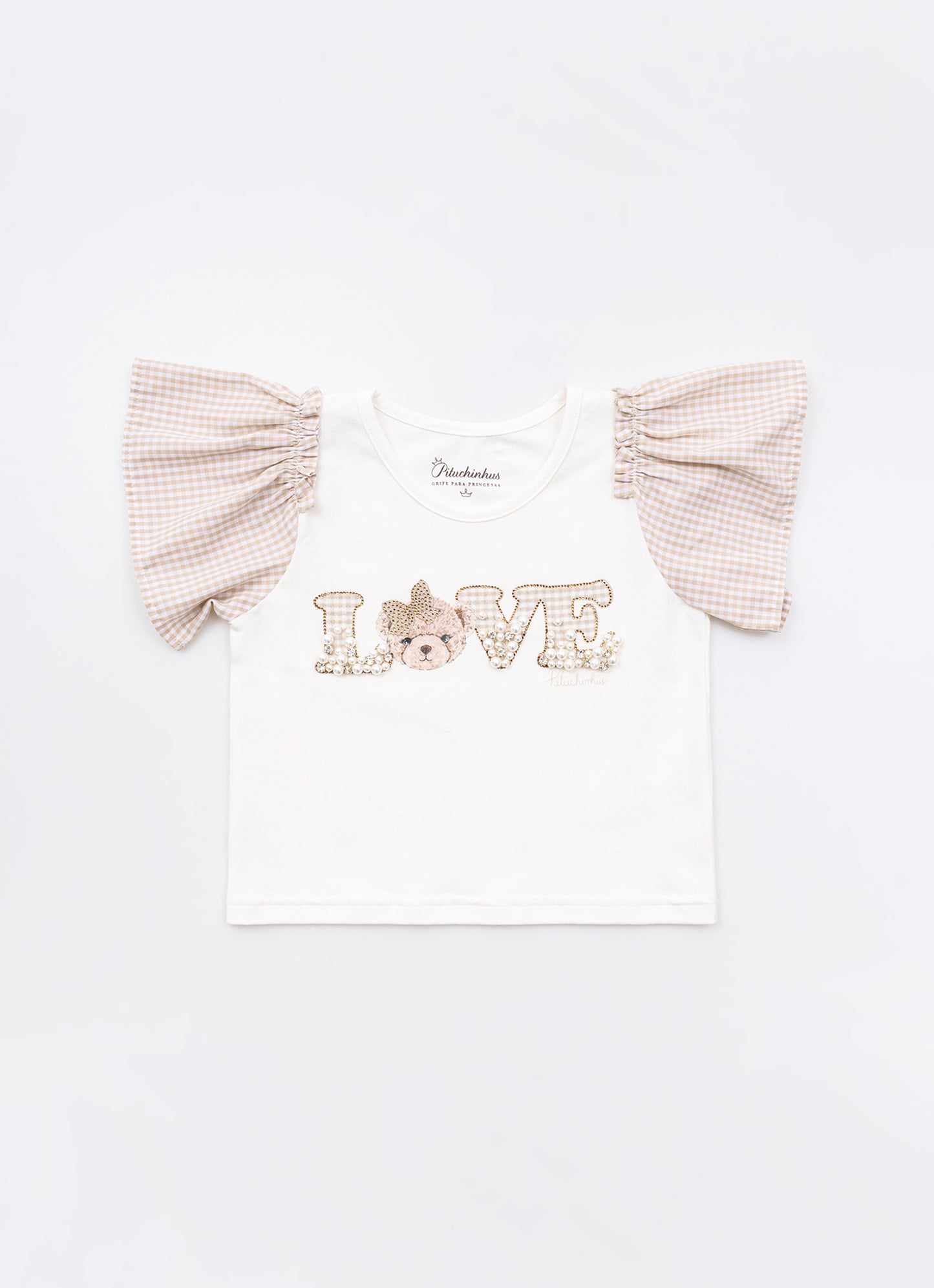 Blusa Cotton Bordados Mangas Xadrez