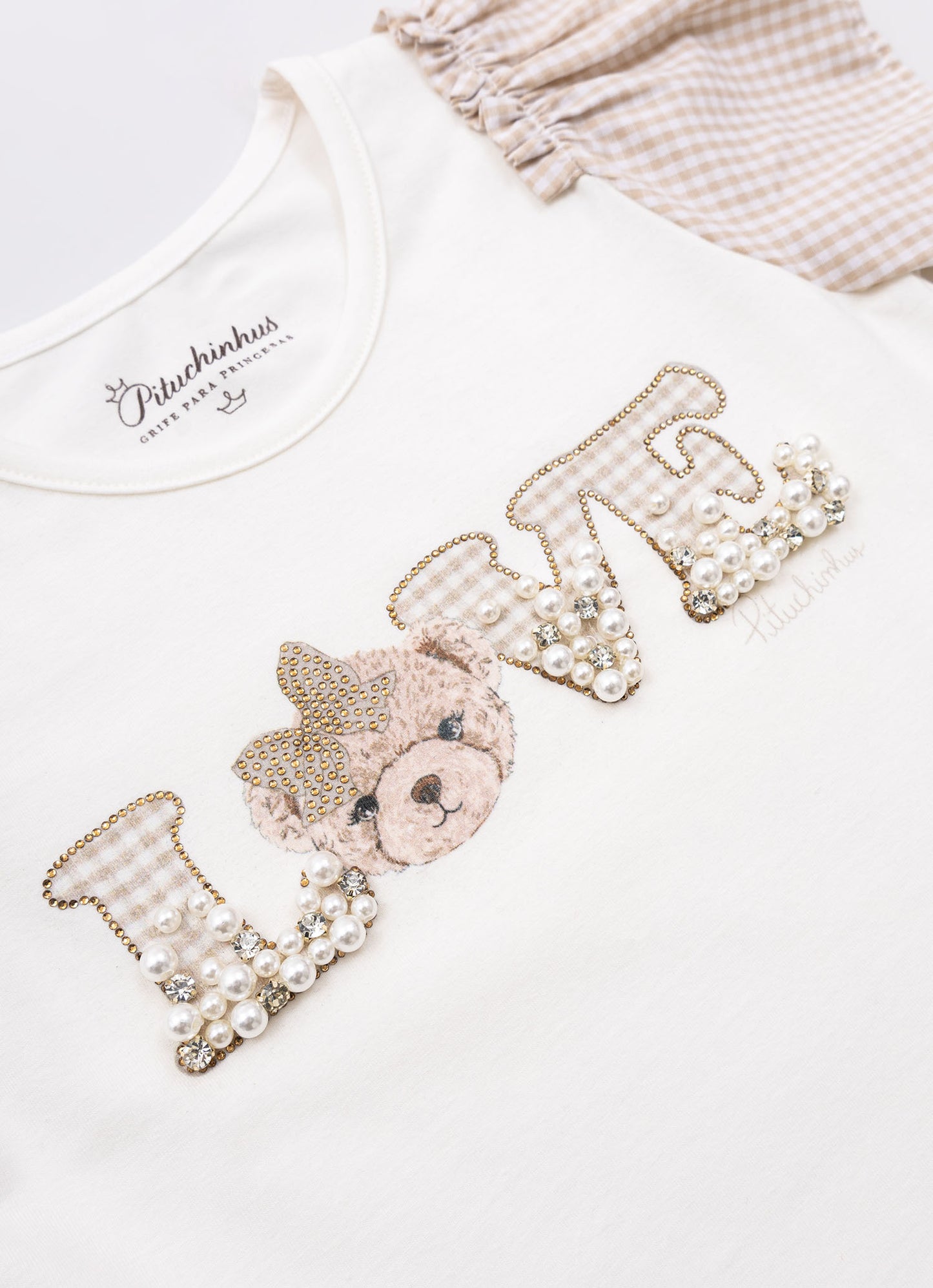 Blusa Cotton Bordados Mangas Xadrez