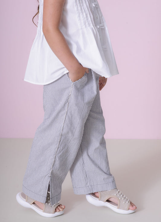 Calça Reta Com Pregas Algodão Cristais Calça Reta Com Pregas Algodão Cristais