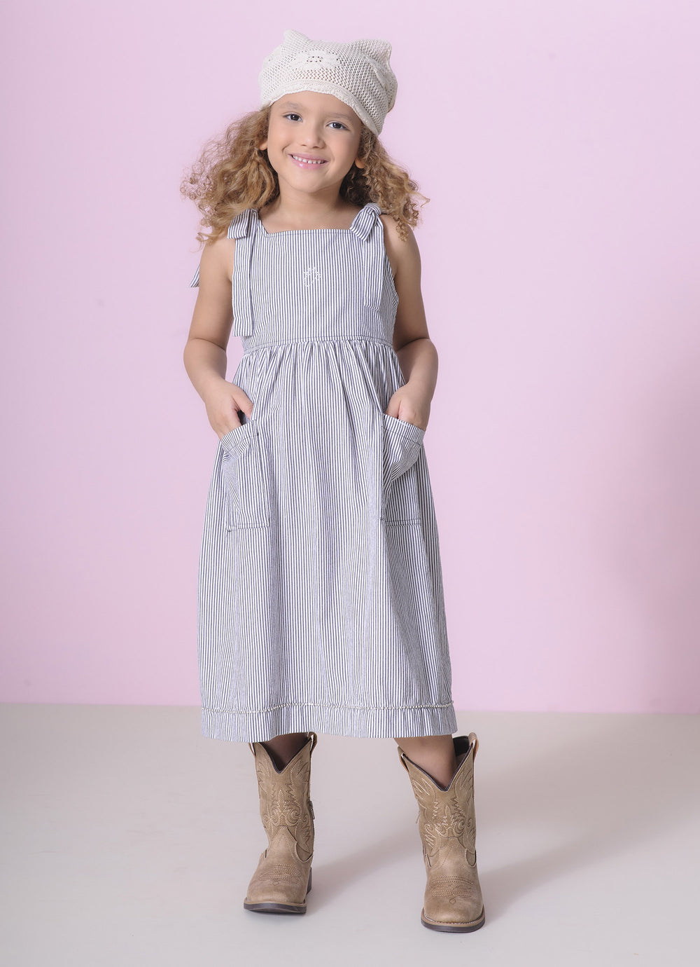 Vestido Tricoline Listradinho Bolsos