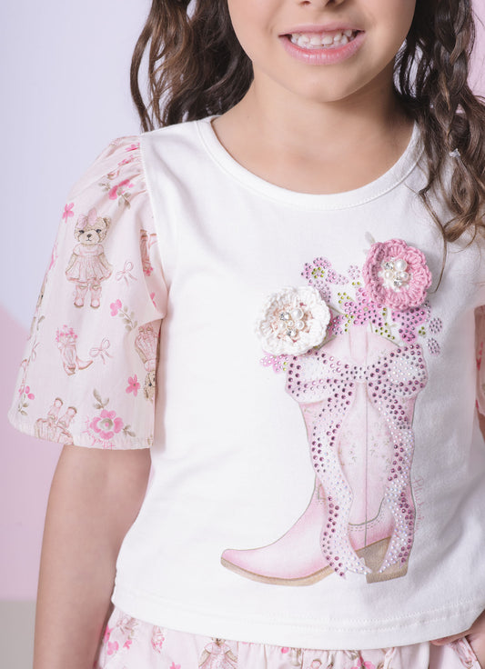 Blusa Cotton Botinha Mangas Estampadas Blusa Cotton Botinha Mangas Estampadas