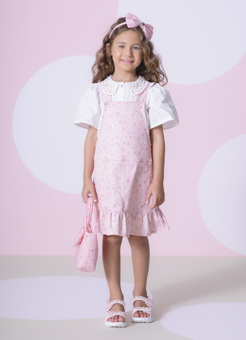 Jardineira Sarja Estampa Mini Floral Babado