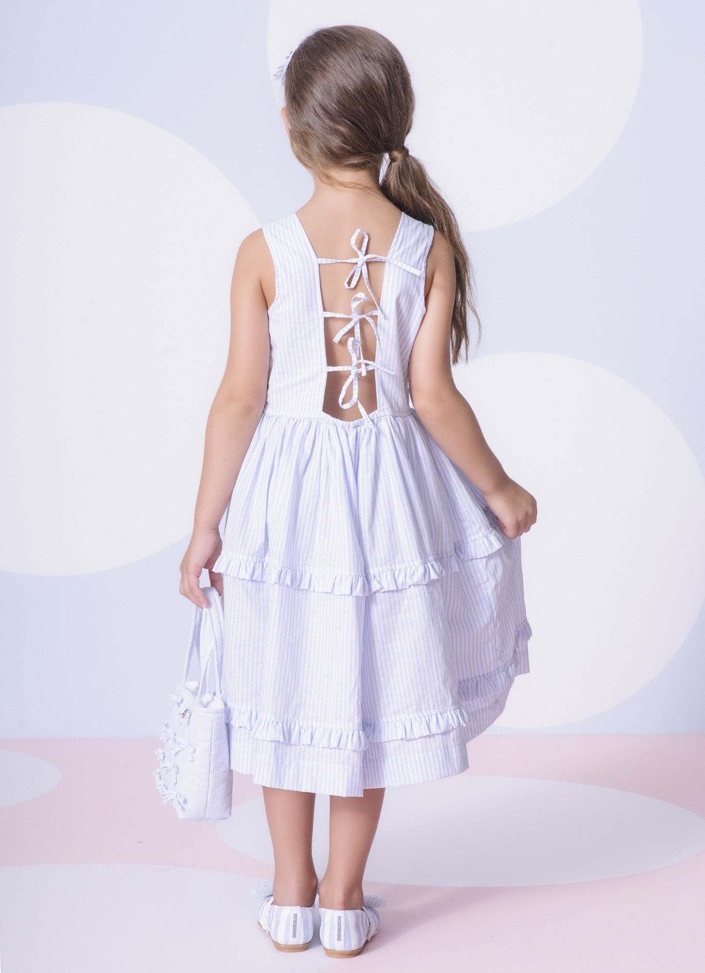 Vestido Tricoline Listrado Babadinhos e Laçinhos
