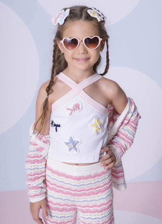 Blusa Cropped Ribana Peixes e Estrela Mar Blusa Cropped Ribana Peixes e Estrela Mar