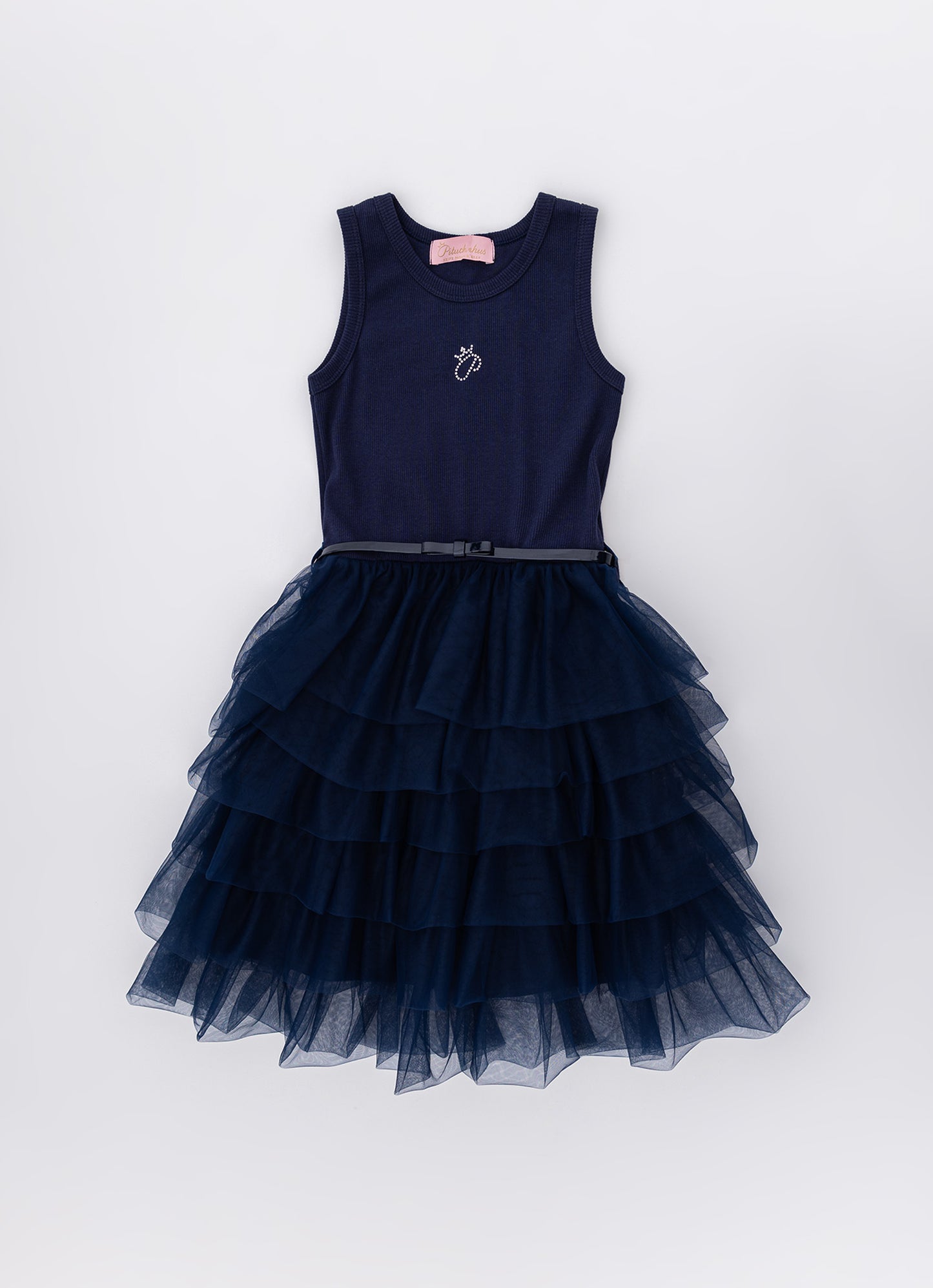 Vestido Rib Saia Babados Tule com Cinto