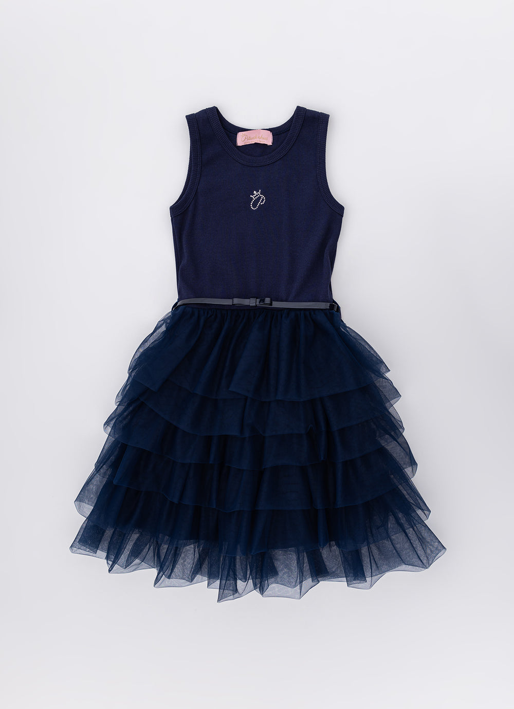 Vestido Rib Saia Babados Tule com Cinto