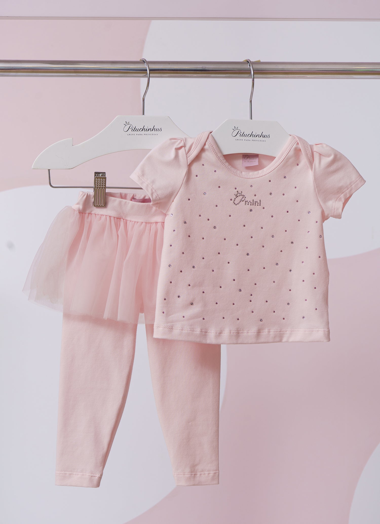 Conjunto Blusa Cotton Cristais e Legging Saia Tule