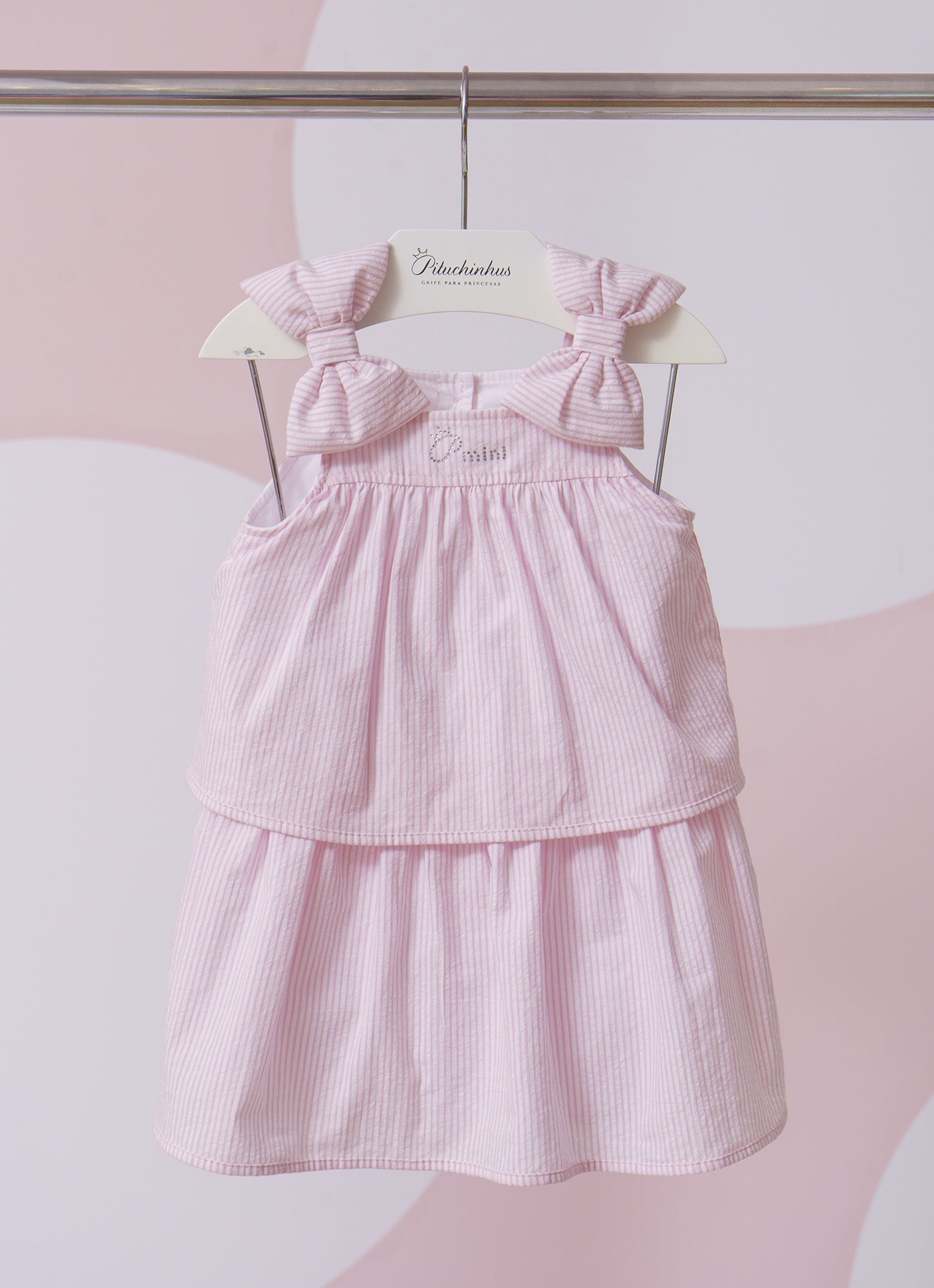Vestido Algodão Listrado Babado Laços Puffer