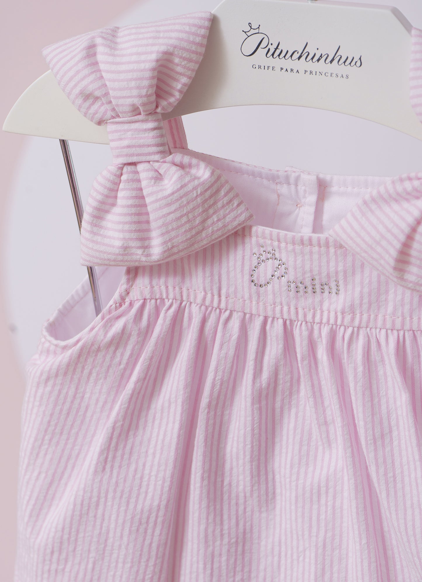 Vestido Algodão Listrado Babado Laços Puffer