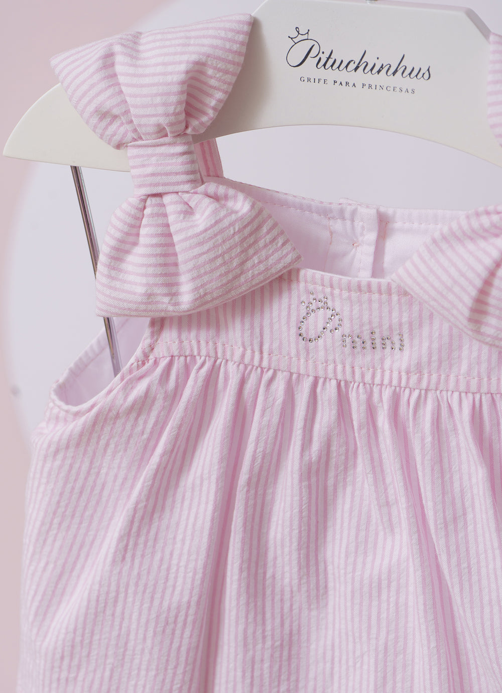 Vestido Algodão Listrado Babado Laços Puffer