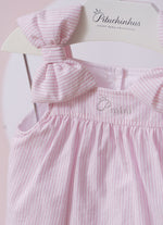 Vestido Algodão Listrado Babado Laços Puffer