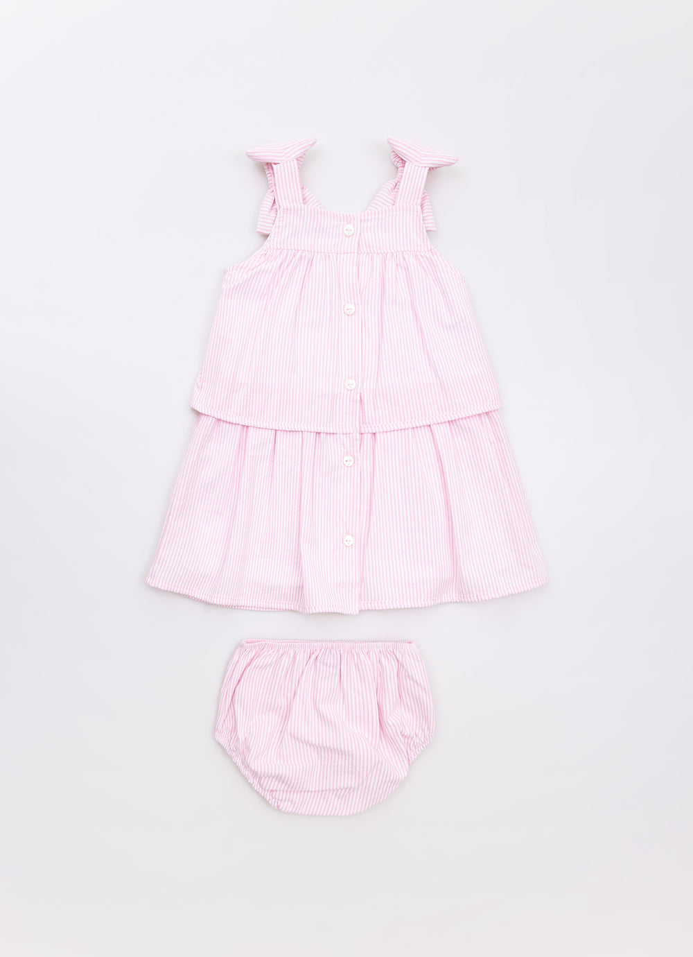 Vestido Algodão Listrado Babado Laços Puffer