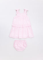 Vestido Algodão Listrado Babado Laços Puffer