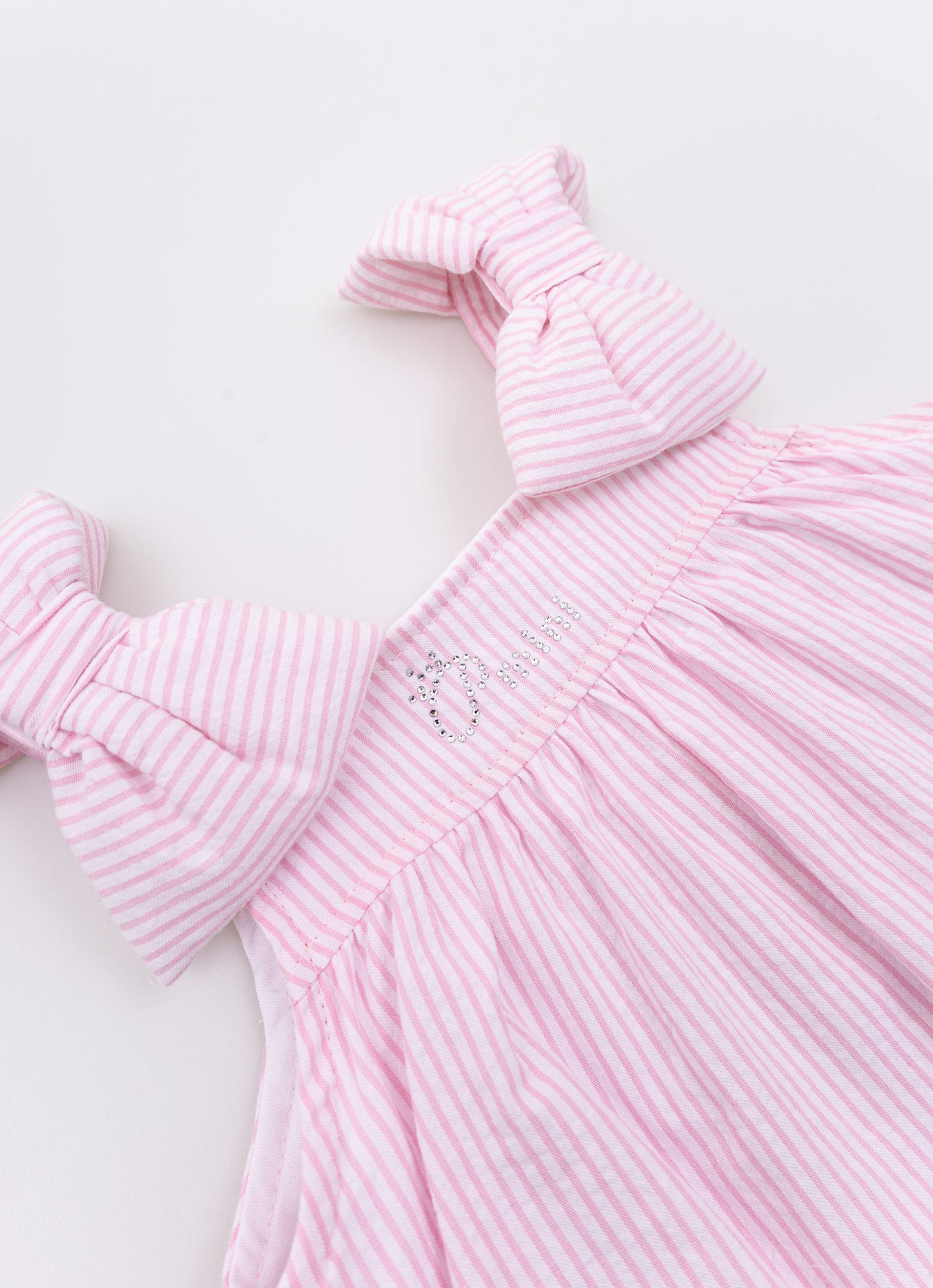 Vestido Algodão Listrado Babado Laços Puffer