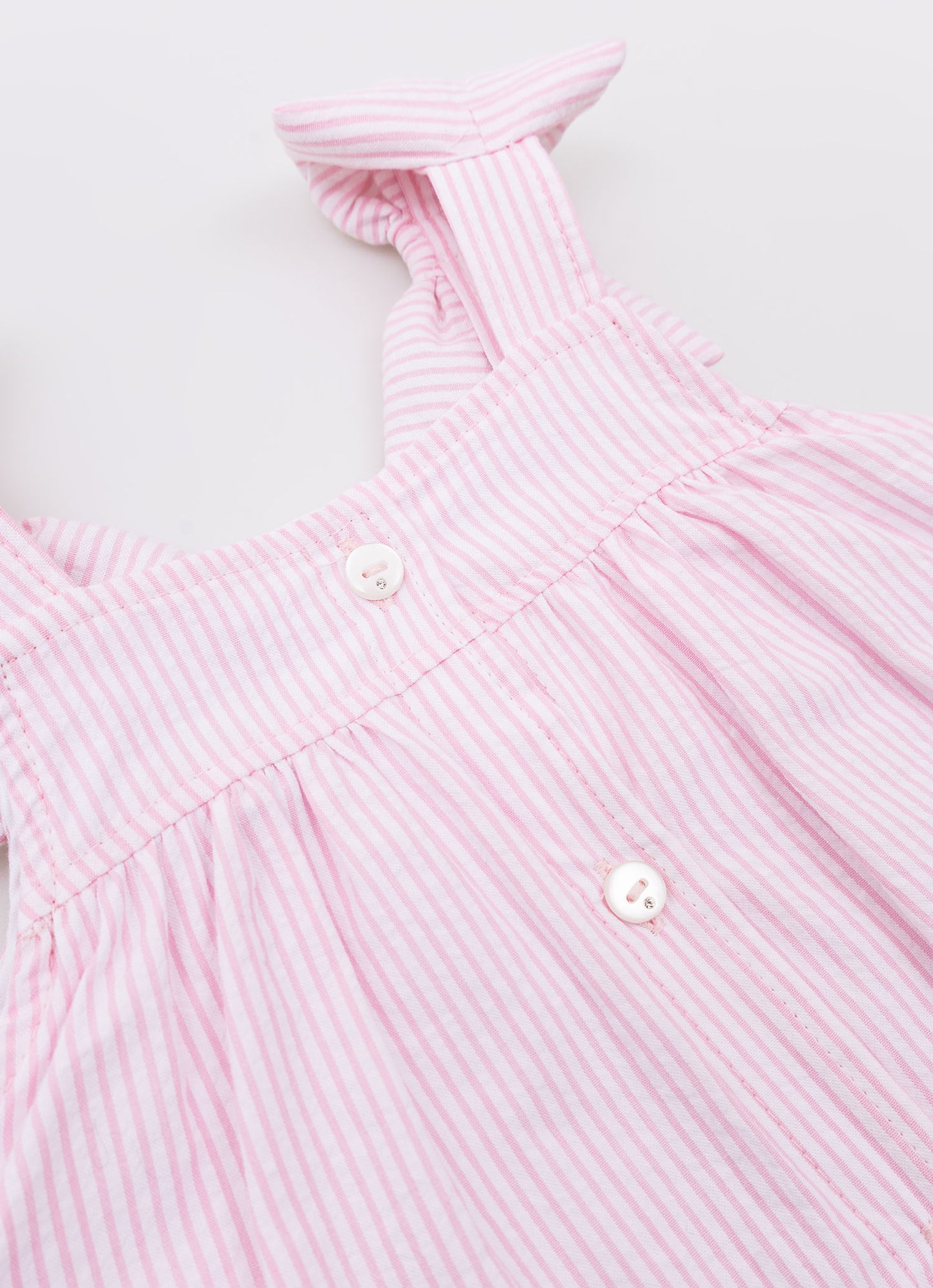 Vestido Algodão Listrado Babado Laços Puffer