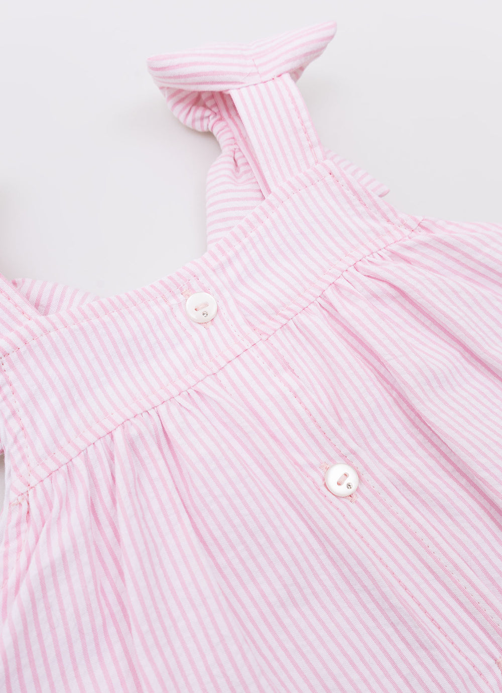 Vestido Algodão Listrado Babado Laços Puffer