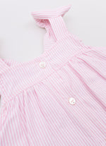 Vestido Algodão Listrado Babado Laços Puffer