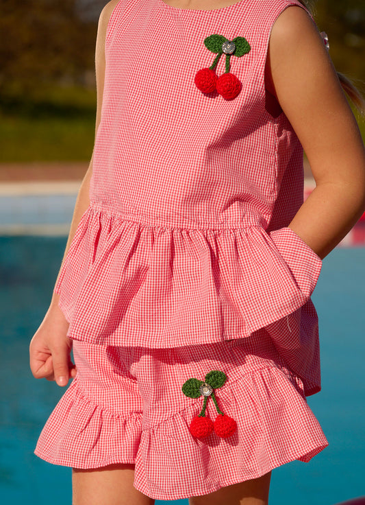 Blusa Algodão Xadrez Cereja Crochê Resort Blusa Algodão Xadrez Cereja Crochê Resort