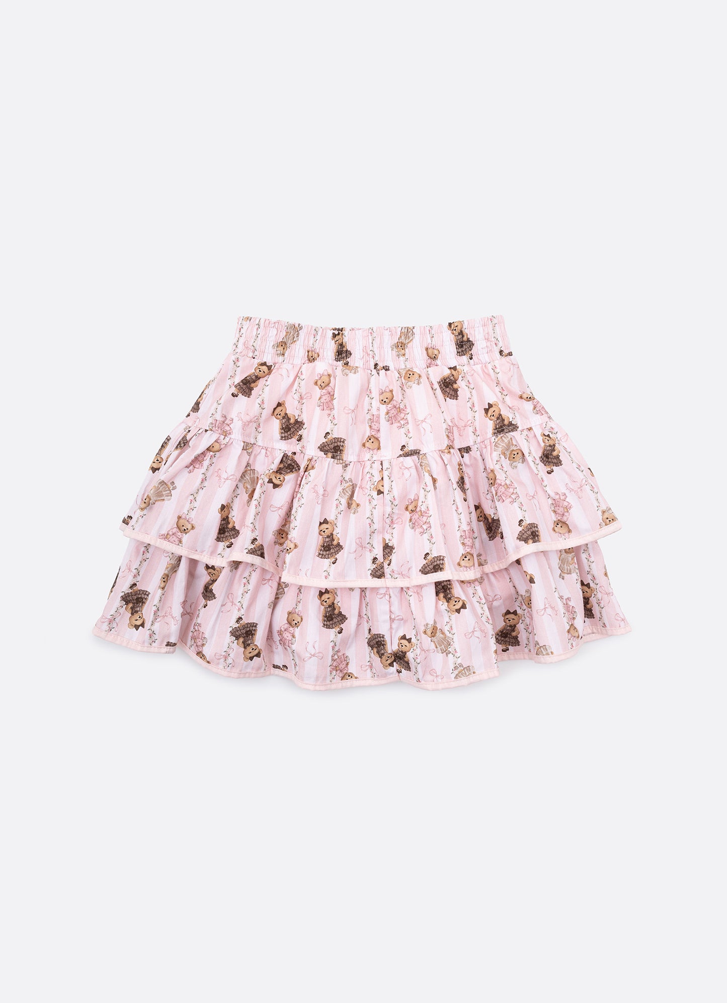 Saia Short Algodão Listras e Ursas Babados