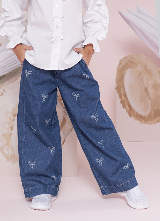 Calça Jeans Fino Lacinhos Babado Cristal Calça Jeans Fino Lacinhos Babado Cristal