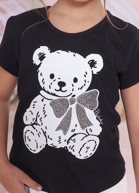 Blusa Cotton Ursinha Laço Cristais Blusa Cotton Ursinha Laço Cristais