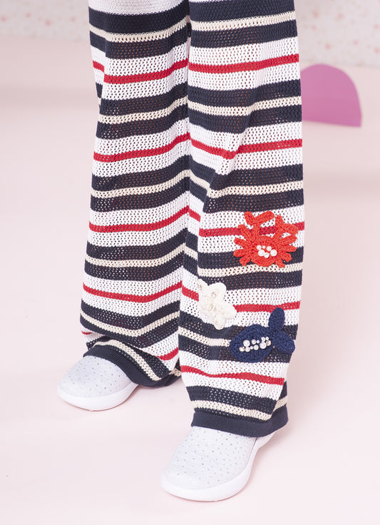 Calça Tricot Listrada Crochê Bordados Calça Tricot Listrada Crochê Bordados