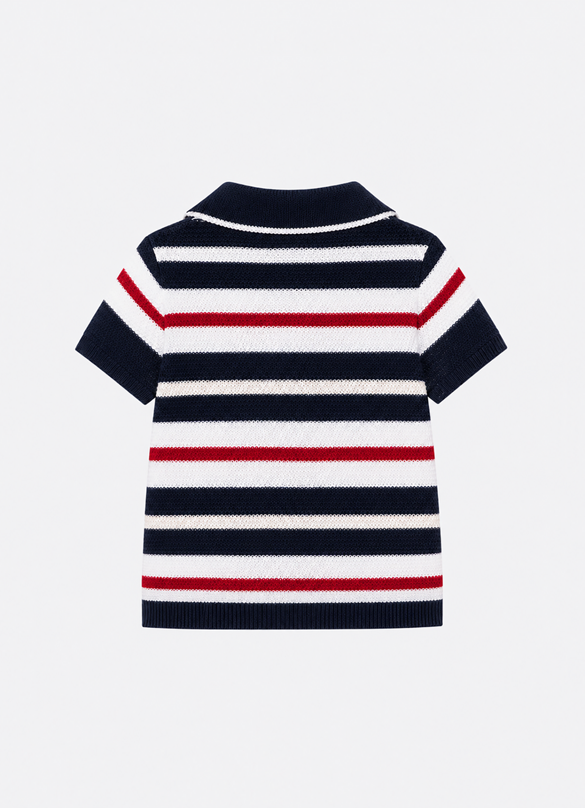 Blusa Tricot Listrada Gola Polo Crochês