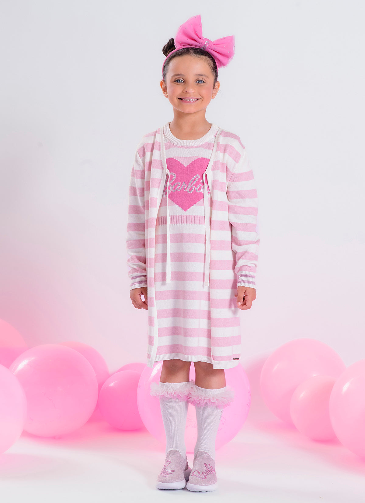 Maxi Casaco Tricot Listrado Coração Barbie Cristal