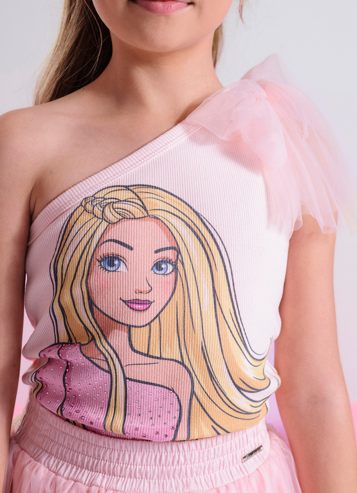 Blusa Ribana Um Ombro Só Barbie Laço Tule