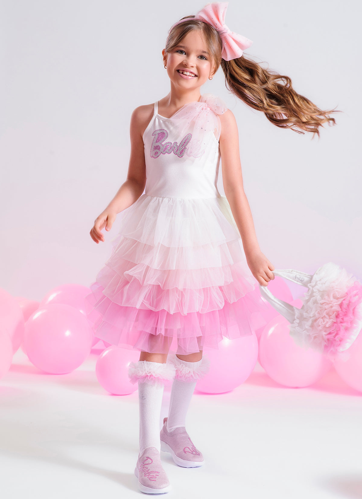 Vestido Festa Alça Cotton Babados Tule Barbie