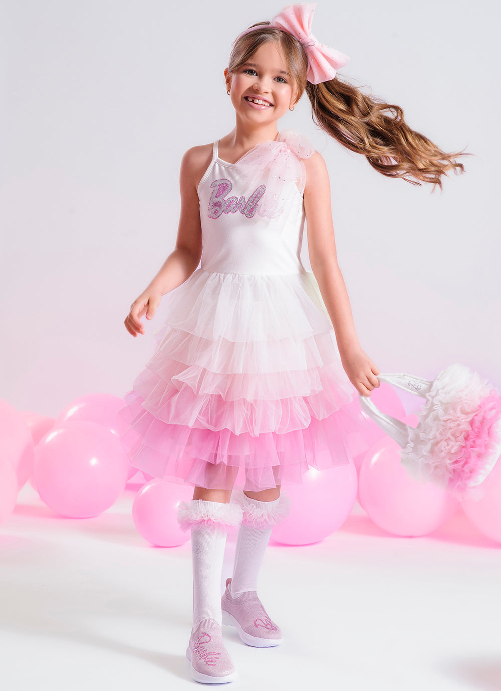 Vestido Festa Alça Cotton Babados Tule Barbie
