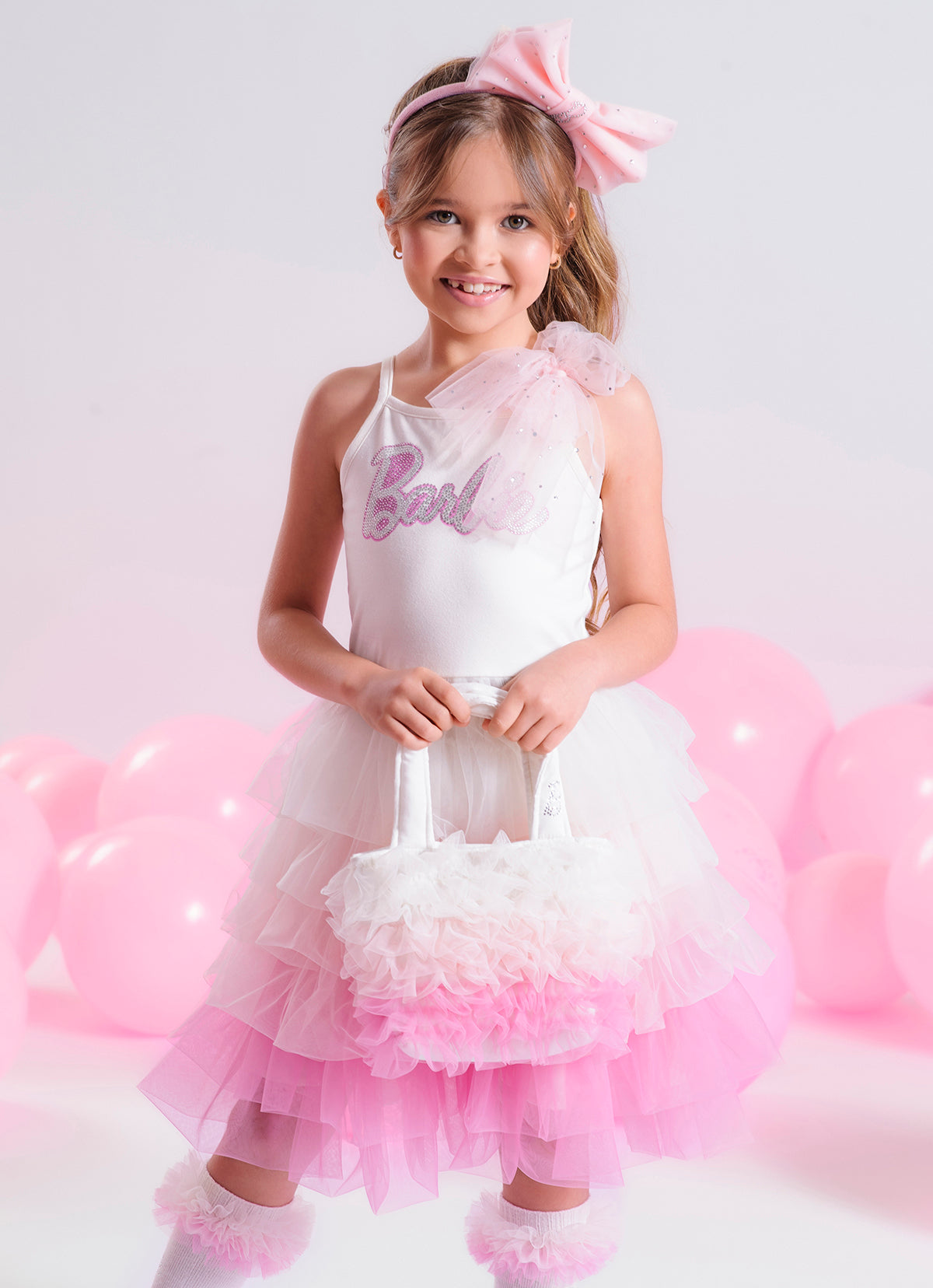 Vestido Festa Alça Cotton Babados Tule Barbie