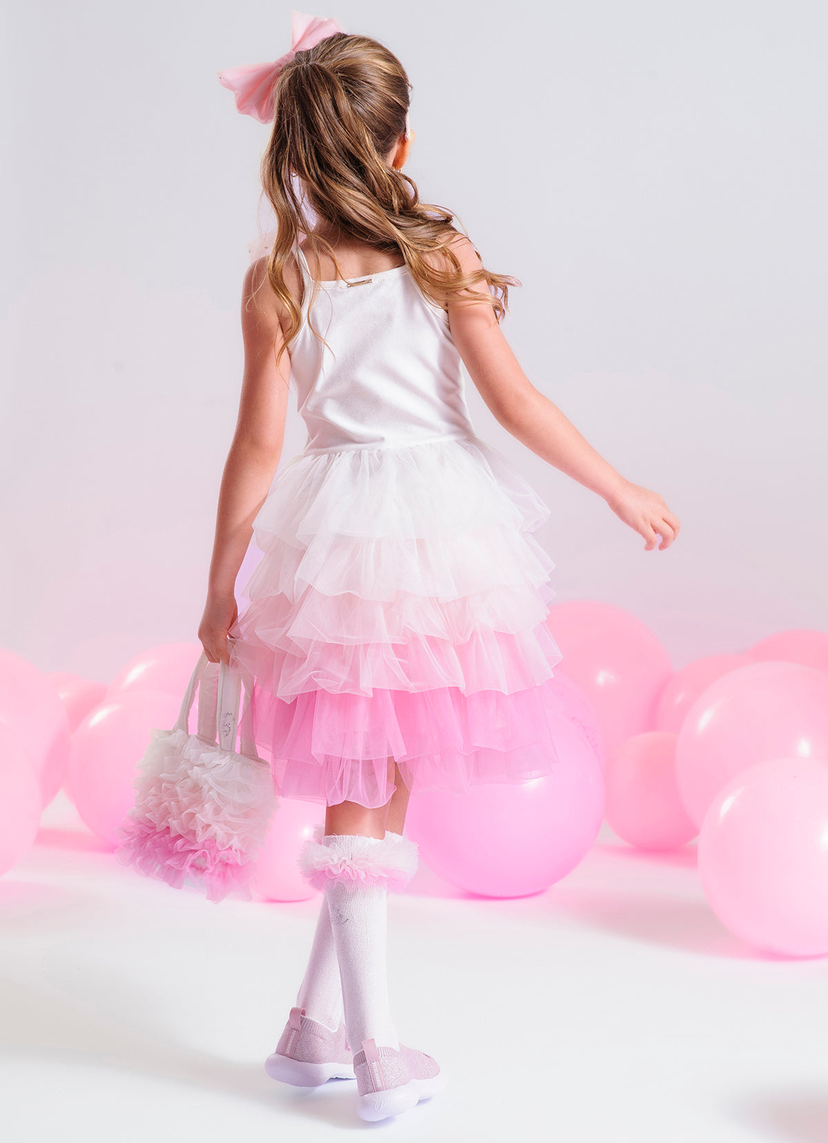 Vestido Festa Alça Cotton Babados Tule Barbie