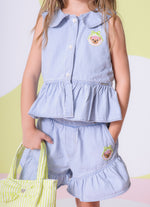Camisa Regata Jeans Fino Babados Patche