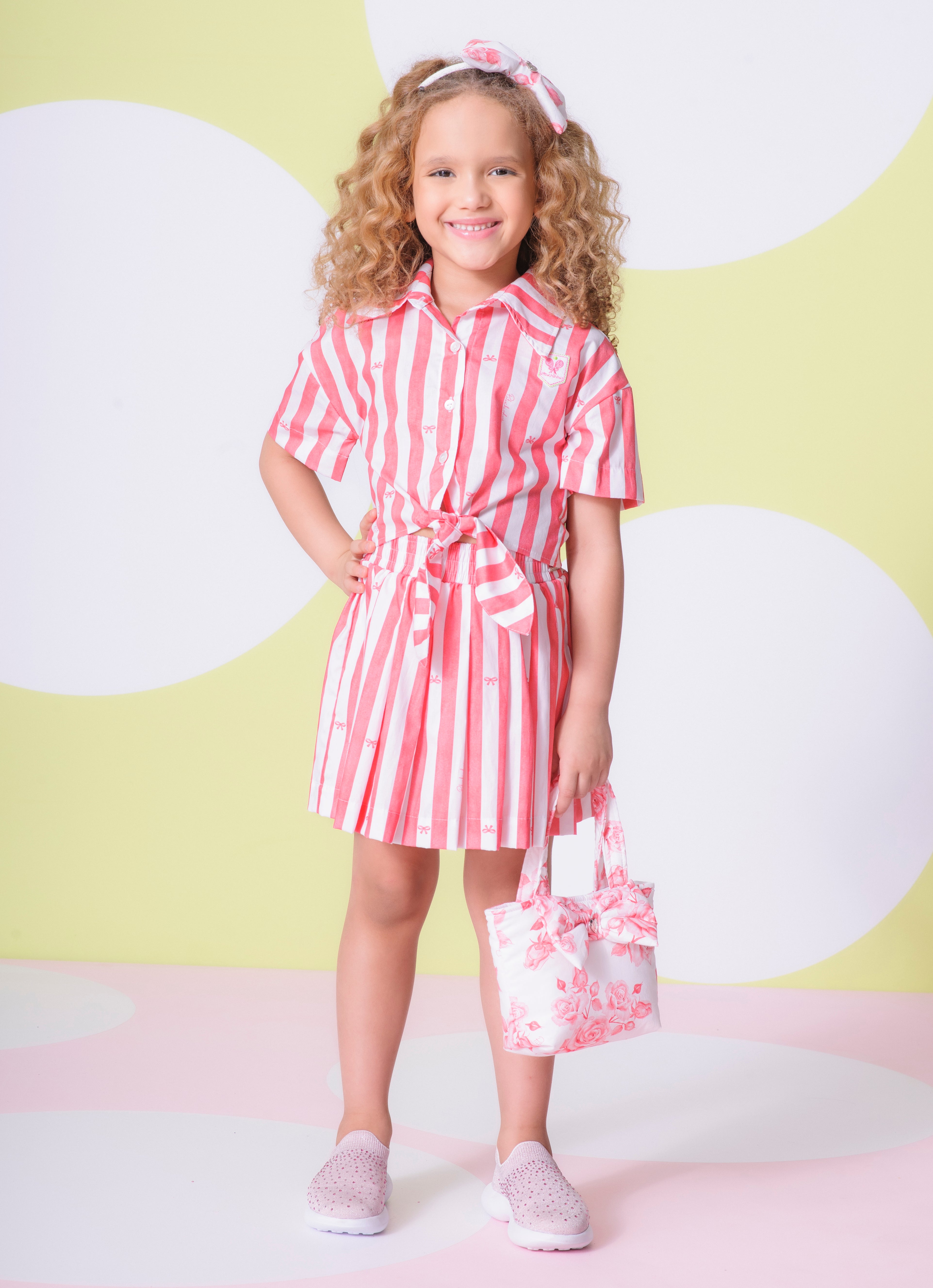 Saia short Pregas Algodão Estampa Maxi Listras