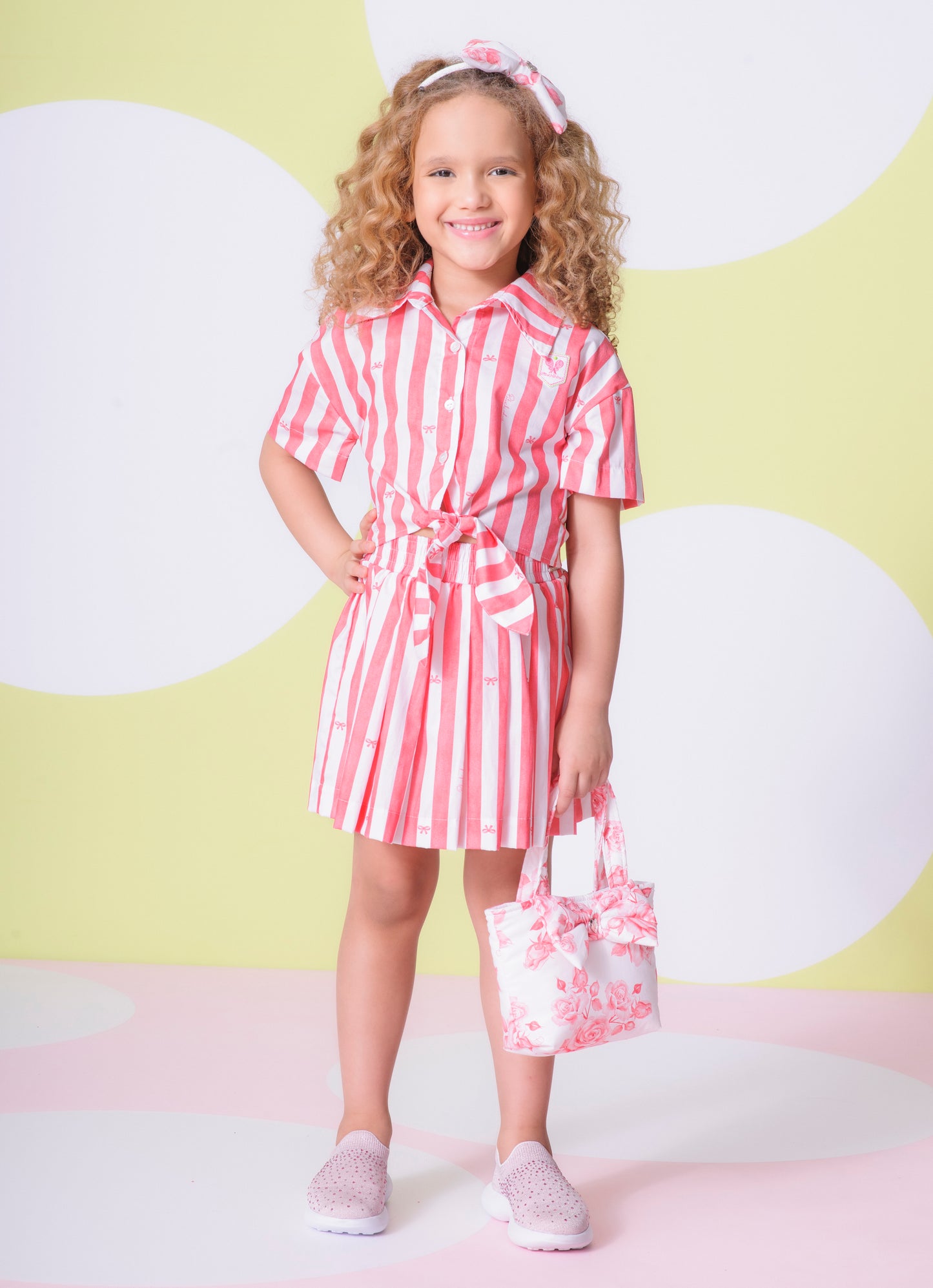 Saia short Pregas Algodão Estampa Maxi Listras