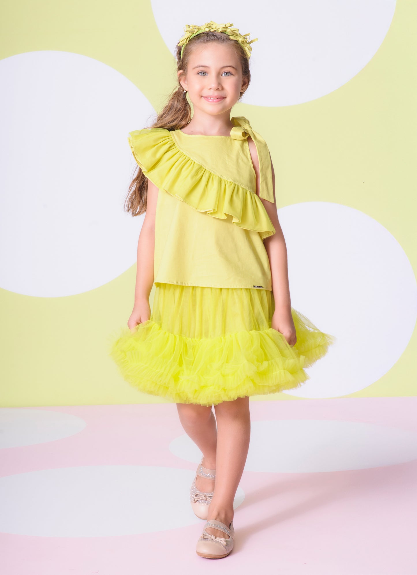 Blusa Tricoline Maxi Babado Tule