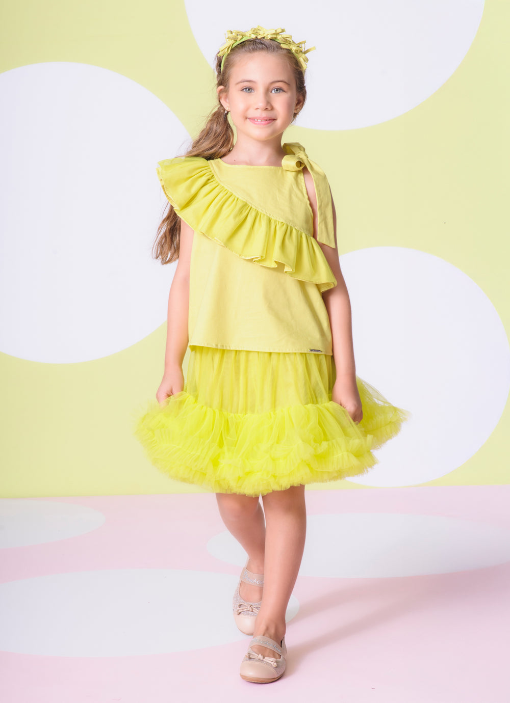 Blusa Tricoline Maxi Babado Tule