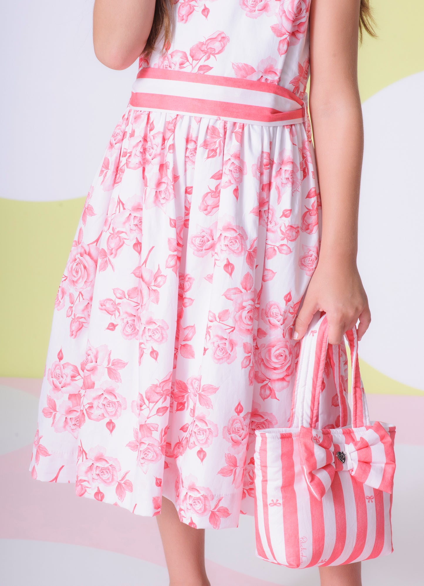 Vestido Algodão Floral Cinto Listrado