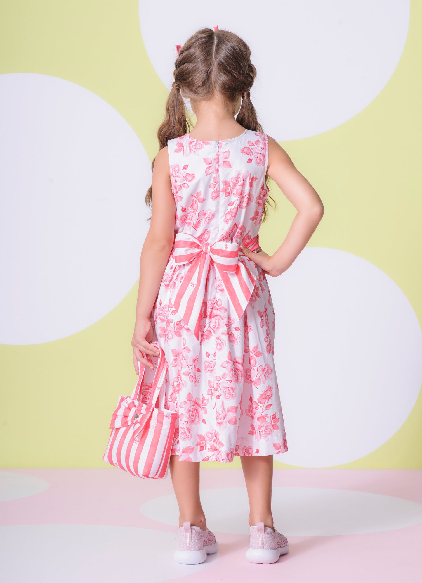 Vestido Algodão Floral Cinto Listrado