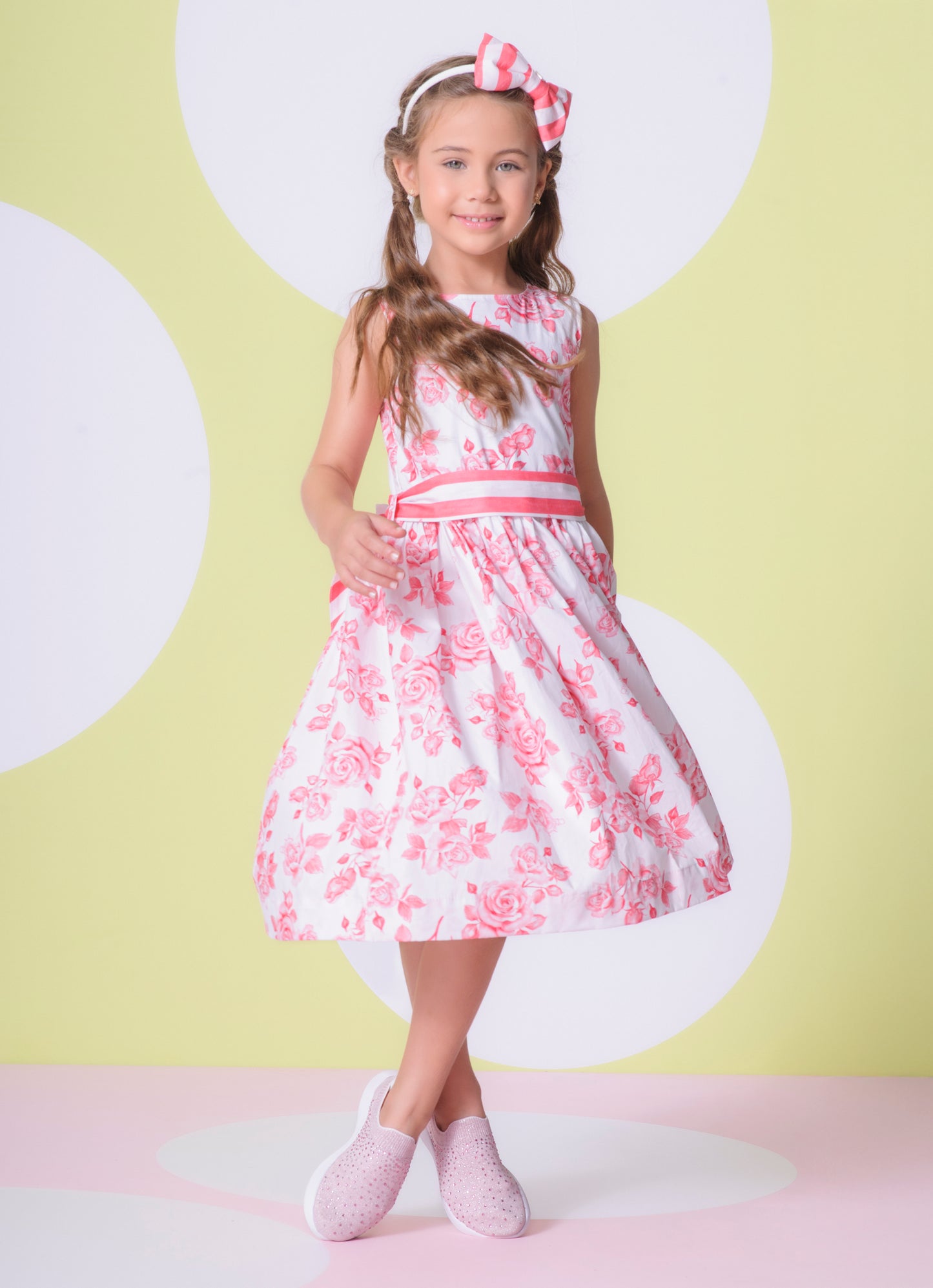 Vestido Algodão Floral Cinto Listrado