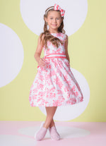 Vestido Algodão Floral Cinto Listrado
