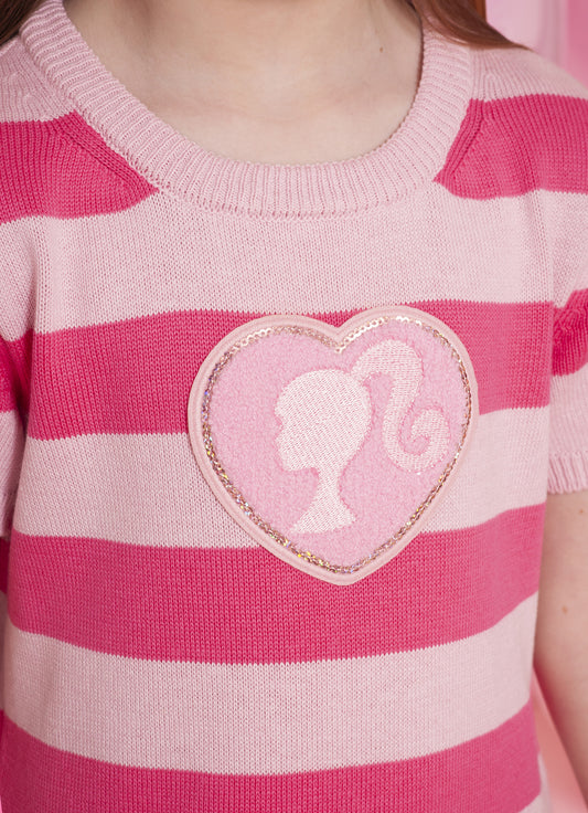 Vestido Tricot Listrado Patche Coração Patche Vestido Tricot Listrado Patche Coração Patche