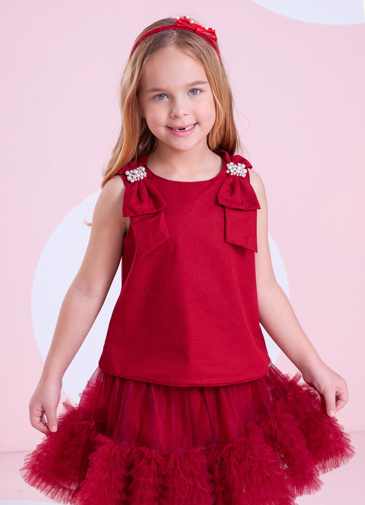 Blusa Tricoline Laços Ombros Bordados Blusa Tricoline Laços Ombros Bordados