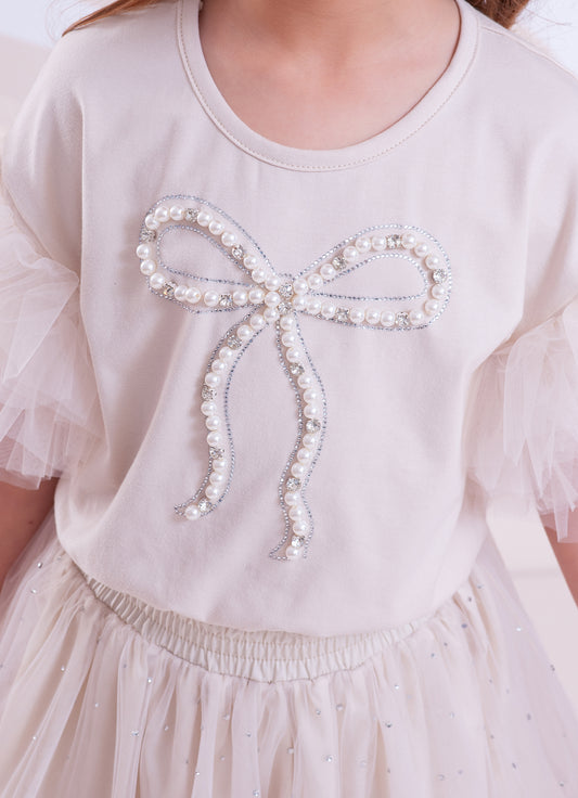Blusa Cotton Manga Tule Laço Bordado Blusa Cotton Manga Tule Laço Bordado
