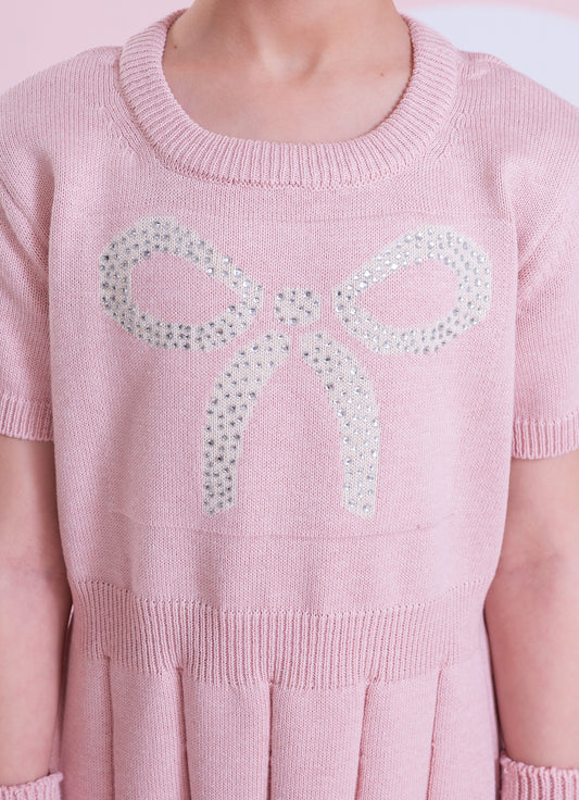 Vestido Tricot Laço Cristal Saia Plissada Vestido Tricot Laço Cristal Saia Plissada